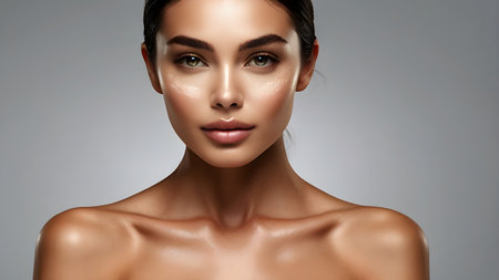 Beautiful face of young woman with cosmetic cream on her skin.の素材