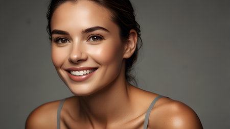 Portrait of beautiful young woman with clean fresh skin, on grey backgroundの素材