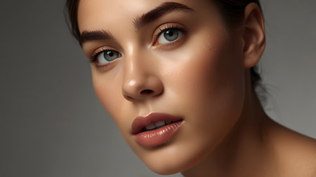 Portrait of a beautiful young woman with clean fresh skin and natural makeup. Beauty face. Picture taken in the studio.の素材