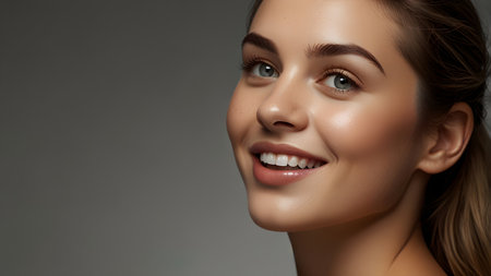 Portrait of a beautiful young woman with clean fresh skin on grey backgroundの素材