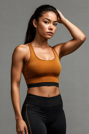 Beautiful young Asian woman in sportswear posing against grey backgroundの素材