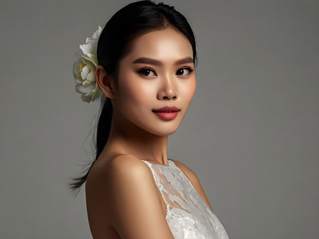 Beautiful young asian woman with white flower in her hair.の素材