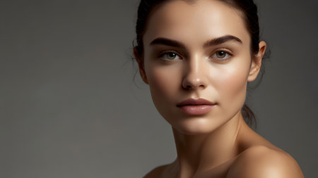 Portrait of beautiful young woman with clean fresh skin. Brunette girl with nude make-up. Studio shot.の素材
