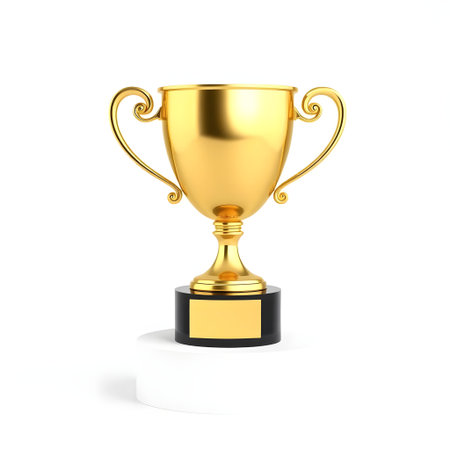 Golden trophy cup on a white background. 3d rendering. 3d illustration.の素材