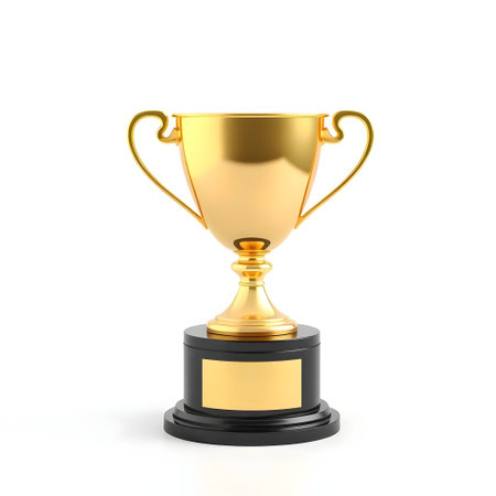 Golden trophy cup isolated on white background. 3d render illustration.の素材