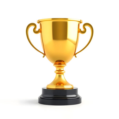 Golden trophy cup isolated on white background. 3d render illustration.の素材