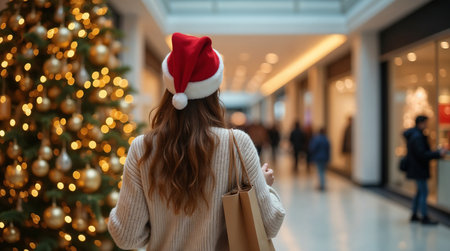 Young woman in Santa hat with shopping bags in shopping mall, back viewの素材