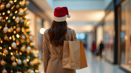 Young woman with shopping bags and Santa hat in shopping mall, back viewの素材