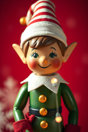 Christmas elf on red background with bokeh lights and snowflakesの素材