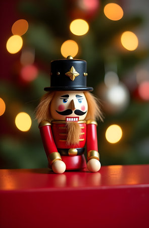 christmas nutcracker doll with christmas tree and bokeh backgroundの素材