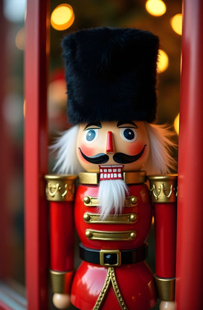 Christmas nutcracker toy in front of a shop window with lights in the backgroundの素材