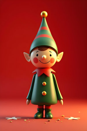 Christmas elf on a red background. 3d rendering, 3d illustration.の素材