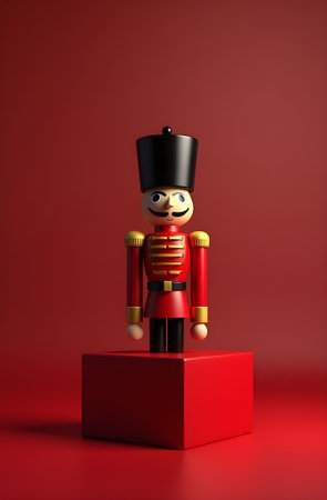 Nutcracker toy standing on a red podium. 3d illustrationの素材