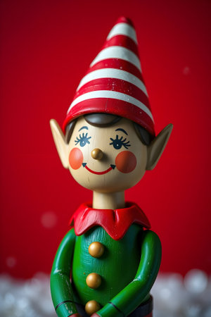 Close-up of a wooden toy clown on a red background.の素材