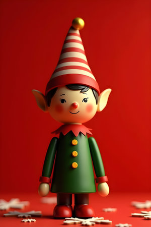 Cute cartoon Christmas elf on a red background with golden stars.の素材