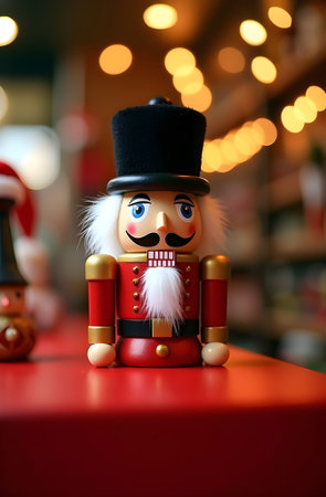 Christmas nutcracker toy on a red background with bokehの素材