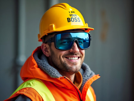 Portrait of a worker wearing safety helmet and reflective vest smiling.の素材
