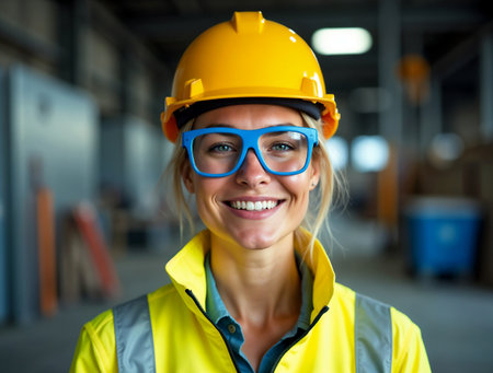 Portrait of happy female worker in hard hat and glasses at warehouseの素材