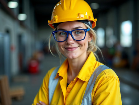 Portrait of a smiling female construction worker wearing yellow helmet and glassesの素材