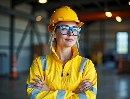 portrait of female engineer or architect in yellow helmet with crossed armsの素材