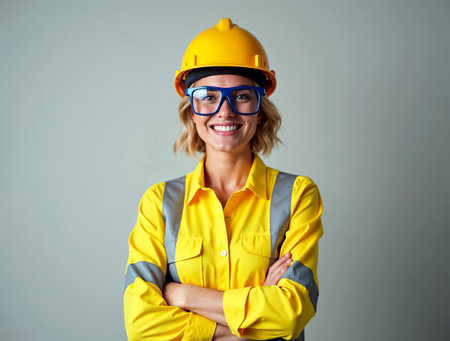 Portrait of a happy female construction worker with yellow helmet and glassesの素材