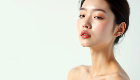 Beautiful Young Asian Woman with Clean Fresh Skin. Face care, Facial treatment, Cosmetology, beauty and healthy skin and cosmetic concept, woman beauty skin isolated on white background.の素材