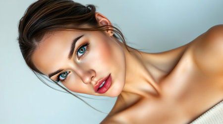 Portrait of a beautiful young woman with blue eyes and makeup.の素材