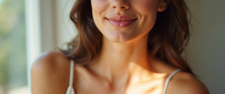 Closeup portrait of beautiful smiling young woman looking at camera and smilingの素材