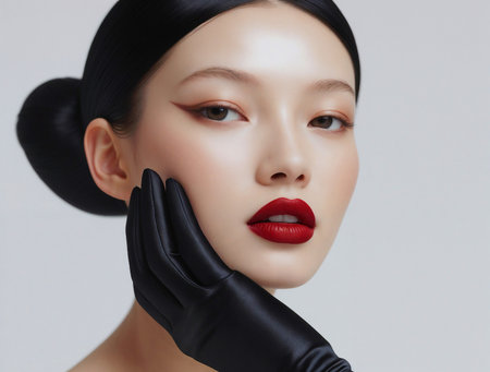 Beauty portrait of young asian woman with red lips and black gloves on her faceの素材
