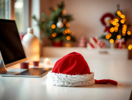 Santa Claus hat on a table in front of a laptop and Christmas treeの素材