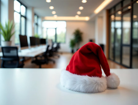 Santa Claus hat on table in office room, Merry Christmas and Happy New Year conceptの素材