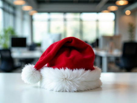 Santa Claus hat on the table in office. Christmas and New Year concept.の素材