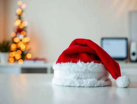 Santa Claus hat on the desk with christmas tree in the backgroundの素材
