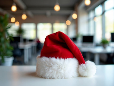 Santa Claus hat on table in office. Merry Christmas and Happy New Year concept.の素材