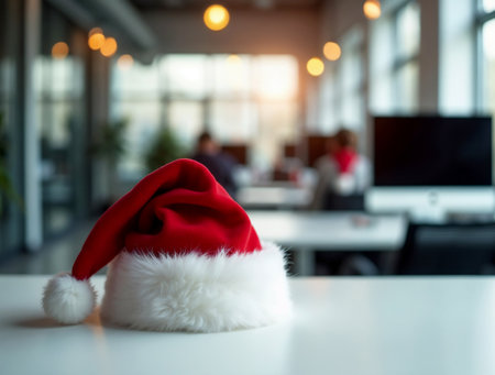 Santa Claus hat on the table in office. Christmas and New Year concept.の素材