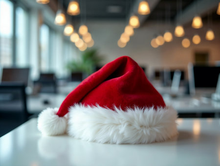 Santa Claus hat on the table in office, Merry Christmas and Happy New Year conceptの素材