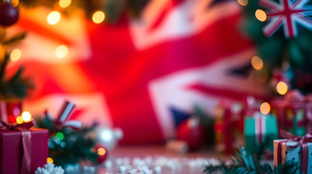 Christmas and New Year background. Festive decorations on the background of the British flag.の素材
