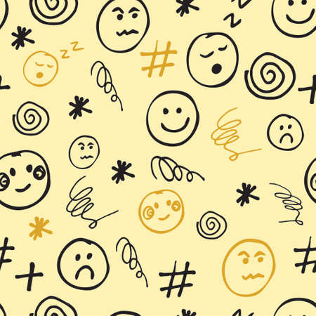 Seamless smileys and emotion pattern on yellow background. Smileys and emotions wallpaper. background.のイラスト素材