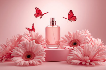 Feminine Pink Perfume with Butterflies and Gerber Daisy Flowersの素材