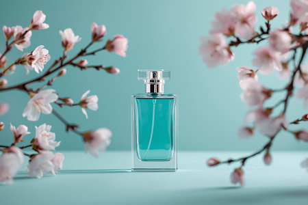 Aqua Perfume Bottle with Cherry Blossom Branches Spring Setupの素材