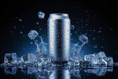 Glistening Silver Soda Can Mockup with Ice Cubes and Water Splashの素材