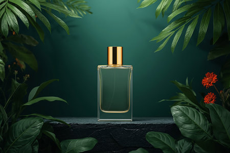 Jungle Perfume Bottle Mockup on Stone with Tropical Greeneryの素材