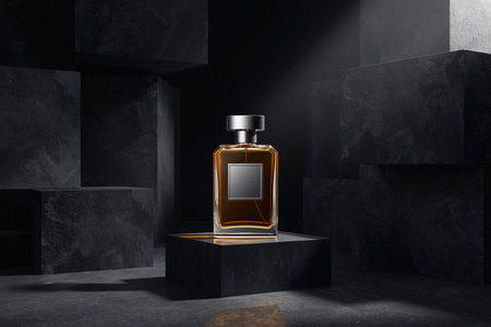Luxury Amber Perfume Bottle on Black Pedestal with Dark Stone Cubesの素材