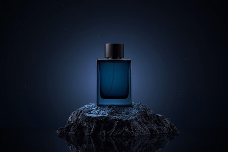 Luxury Blue Perfume Bottle on Dark Rock with Starry Night Skyの素材