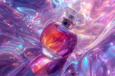 Luxury Perfume Bottle on Abstract Holographic Iridescent Liquid Backgroundの素材