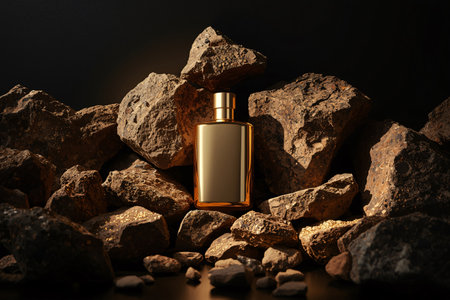 Luxury Gold Perfume Bottle Amidst Rough Rock Compositionの素材