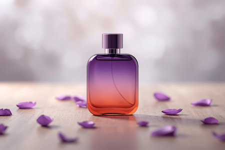 Gradient Perfume Bottle on Wood Table with Scattered Purple Petalsの素材