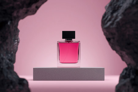 Luxury Pink Perfume Bottle Display on Stone Platform with Dark Rocksの素材