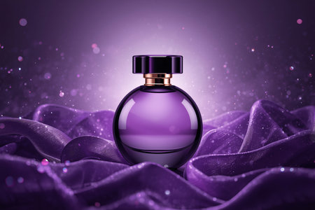 Luxurious Purple Perfume Bottle on Silk Fabric with Glitter Backgroundの素材