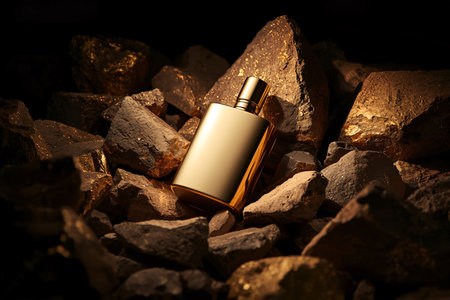 Golden Perfume Bottle Nestled Among Dark Textured Rocksの素材